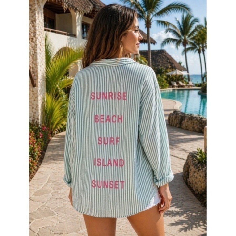 NWT Vintage Havana Stripe Sunrise Beach Surf Island Sunset Button Down Shirt M - Picture 2 of 11